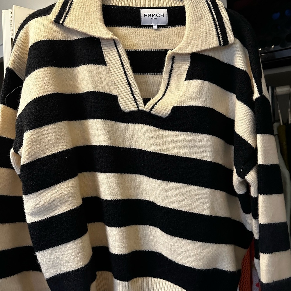 FRNCH Black and Cream Striped V-Neck Sweater